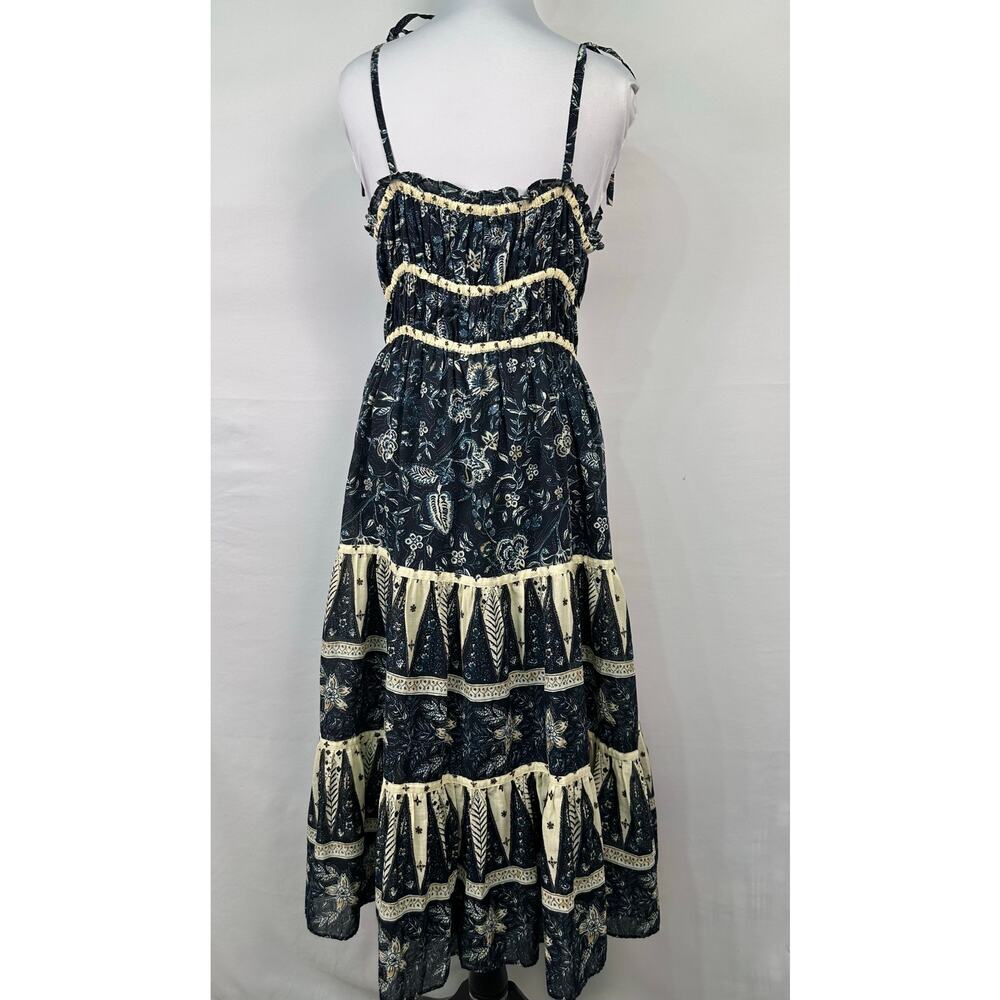 NWT Christian Lacroix Dark Blue Floral Cream Trim Midi Dress Size L - Picture 3 of 12